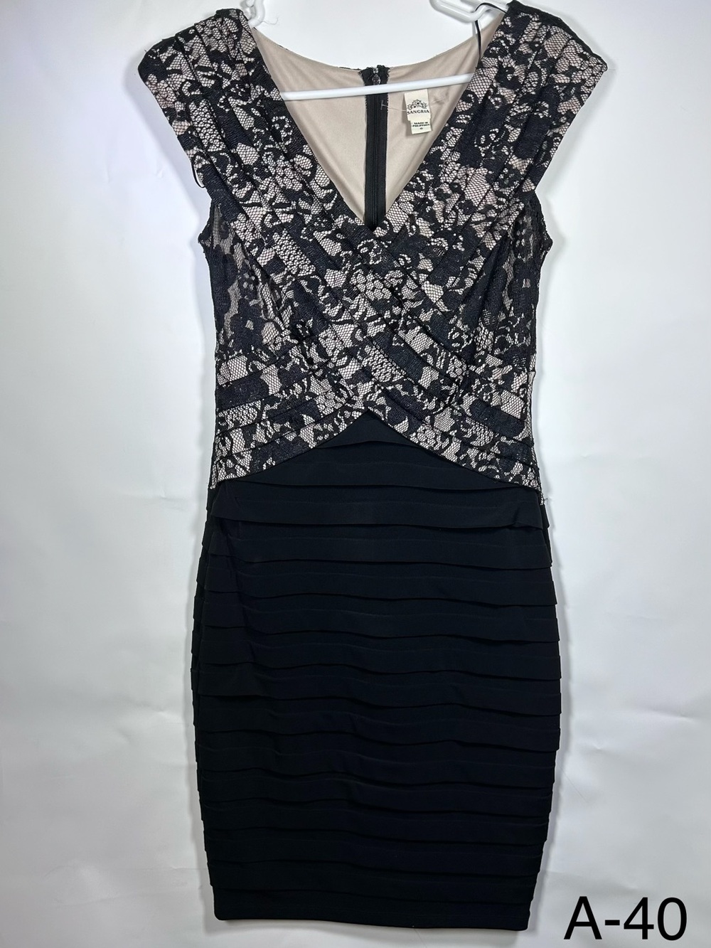 Sangria Black Nude Floral Lace Ruched Sheath Cocktail Dress Size 6